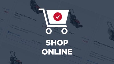 White shopping cart icon with red circle and white tick in the middle. Text under icon: Shop Online